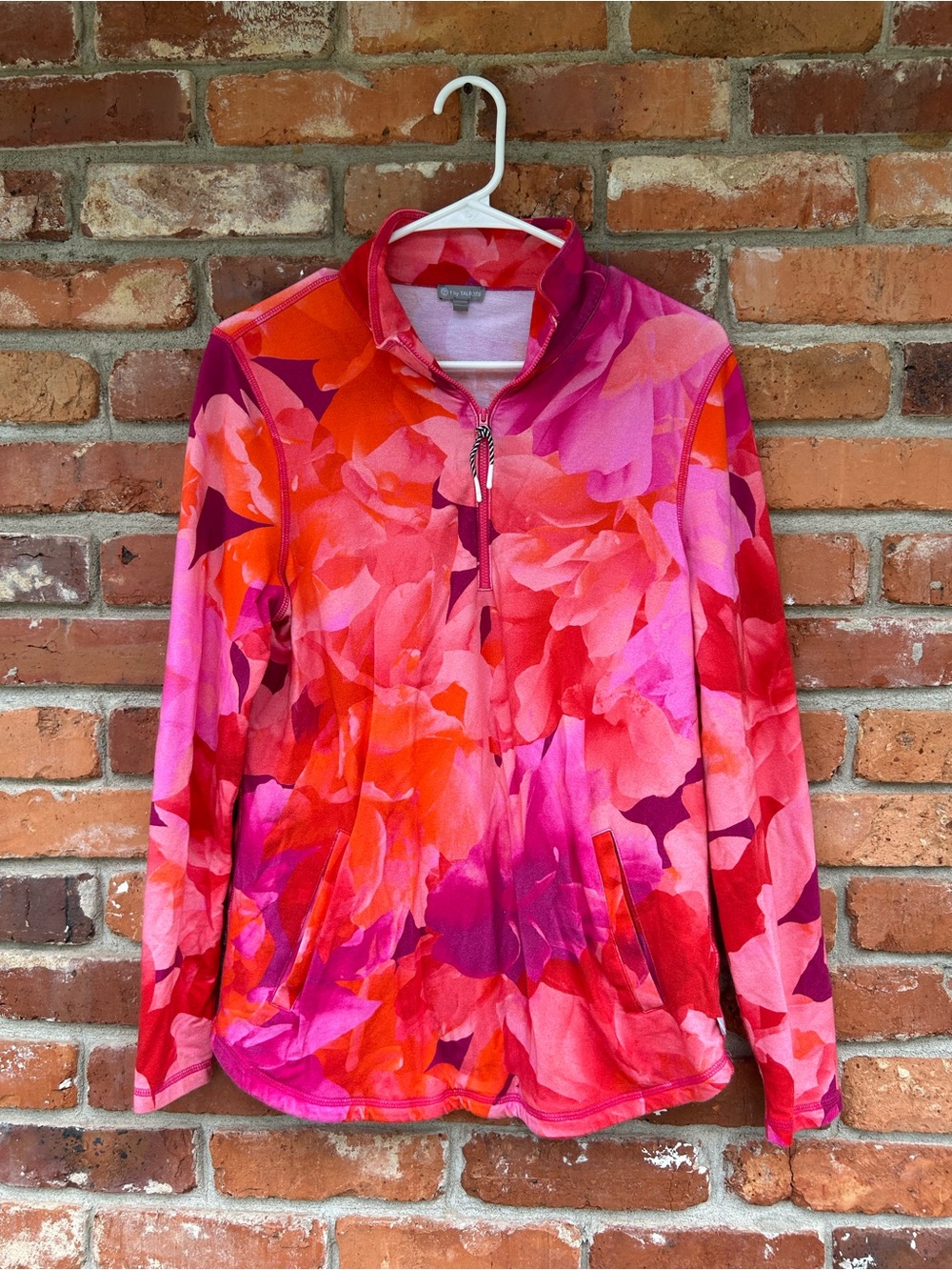 T by Talbots Pink & Orange Floral Half-Zip Athletic Pullover M